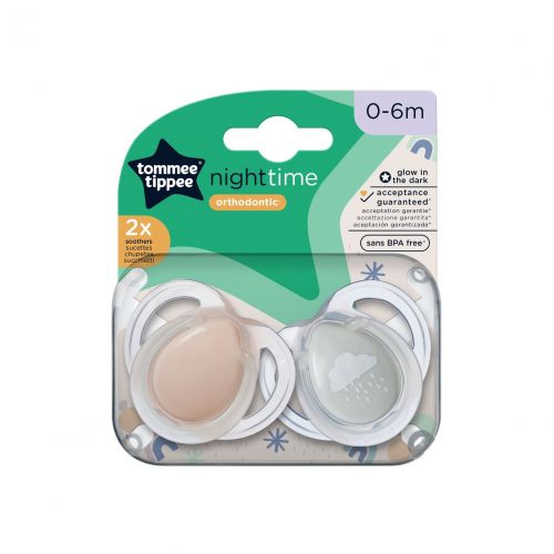 Tommee Tippee Šidítko symetrický silikon Night 0-6m 2 ks, Růž./Modrá