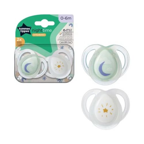 Tommee Tippee Šidítko symetrický silikon Night 0-6m 2 ks, hvězda