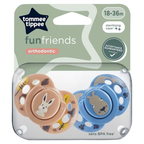 Tommee Tippee Šidítko silikon Fun friends 18 -36 měs. 2 ks, modrá