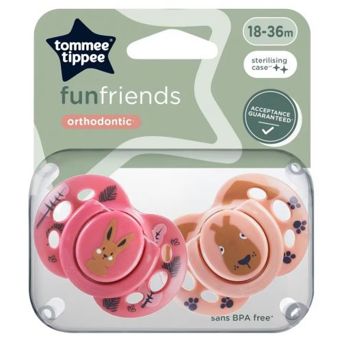 Tommee Tippee Šidítko silikon Fun friends 18 - 36 měs. 2 ks, růžová